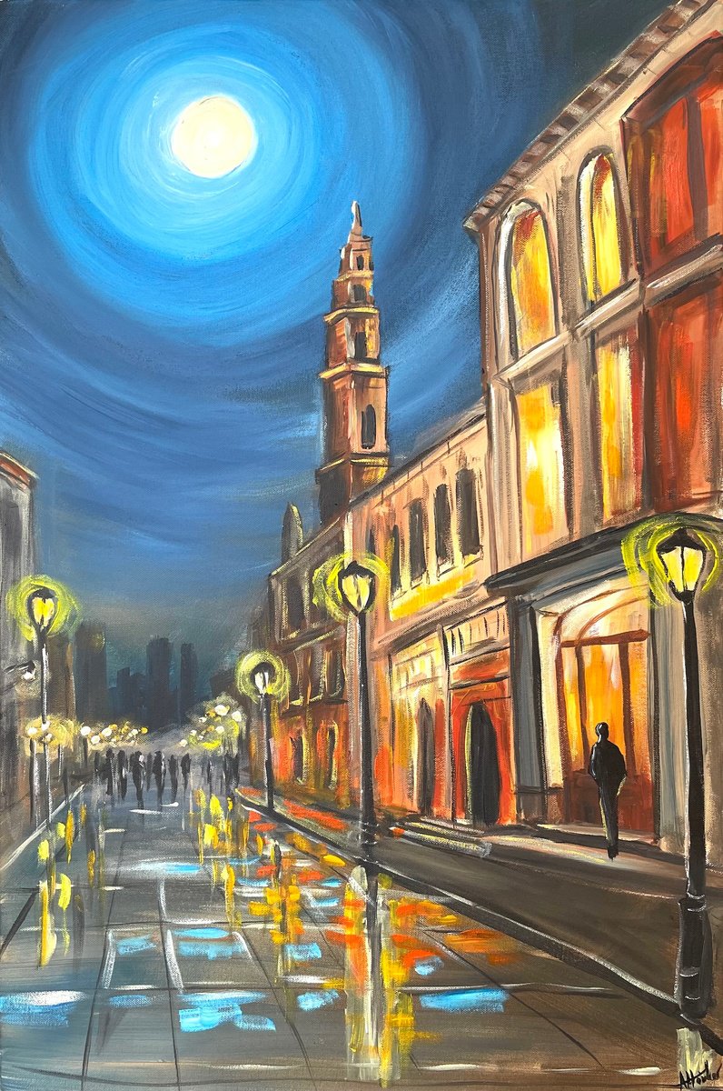 Impressionistic Cityscapes Acrylic Painting By Aisha Haider, 20 X 30, Illuminous Walk, Original Artwork