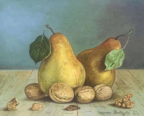 Still life-pears and walnuts (24x30cm, oil painting, ready to hang)
