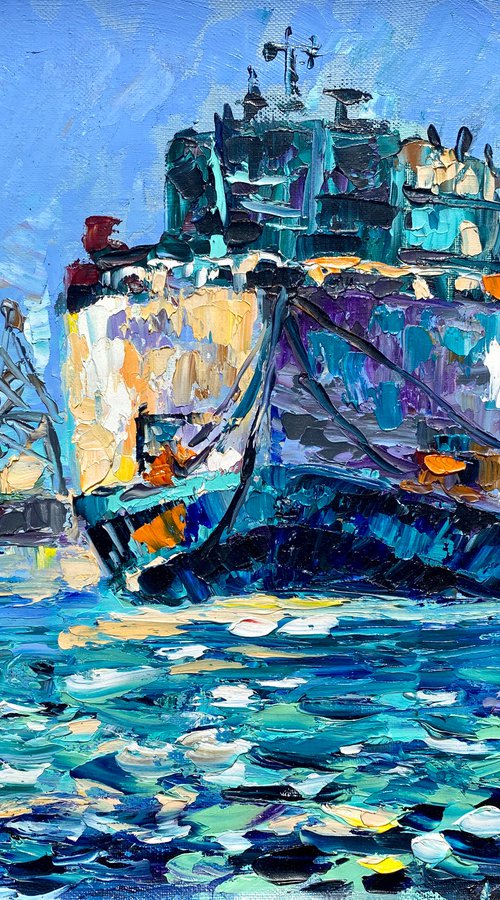 Ship in the Black Sea, 47*37cm, impressionistic oil impasto landscape painting by Olga Blazhko