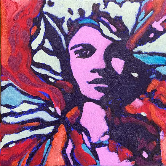SARAH IN BLOOM - 30 x 30 cm acrylic painting, female portrait, abstract portrait, bright