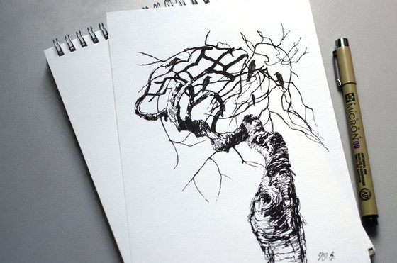Raven tree, ink pen fantasy drawing Dark fairy tale