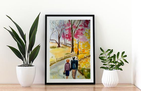 Couple Painting Central Park NYC Original Art Walk in Spring Park Watercolor Stroll Small Home Wall Art 8 by 12" by Halyna Kirichenko