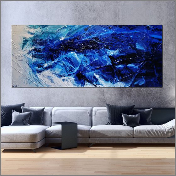 Fractured 240cm x 100cm Blue White Abstract Art
