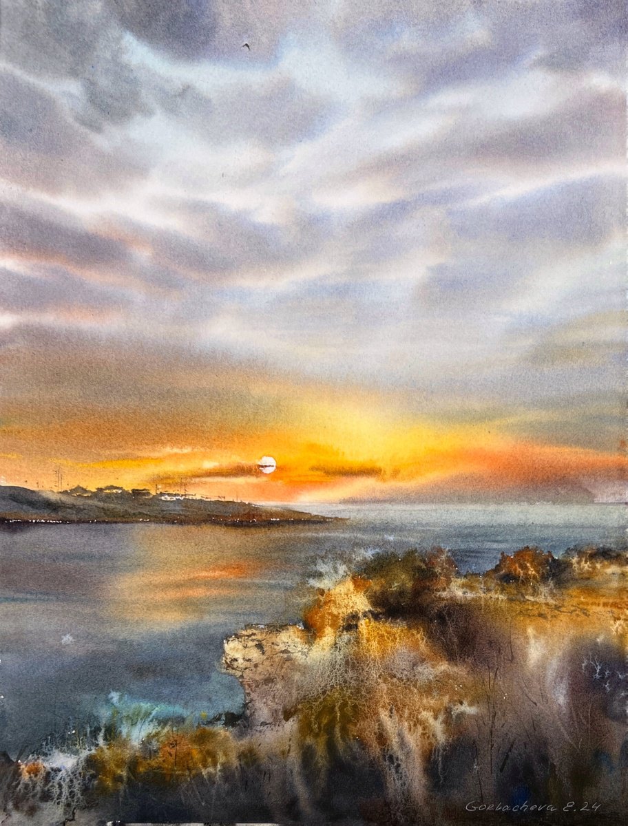 Impressionistic Landscape Watercolour By Eugenia Gorbacheva, 11 X 15, Sunset Romance, Original Artwork