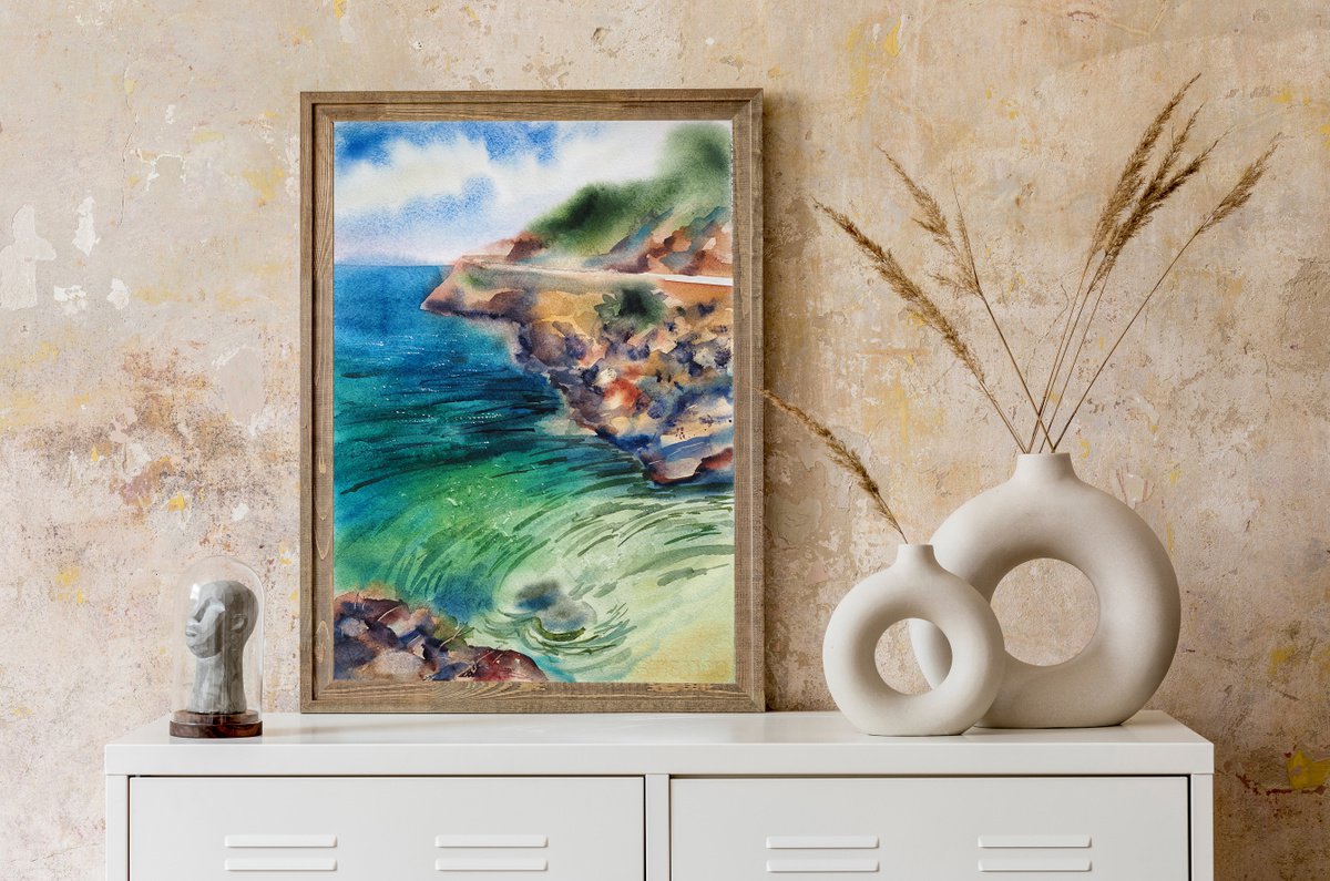 Impressionistic Landscape Watercolour By Delnara El, 10 X 14, On The Mediterranean Coast, Original Artwork