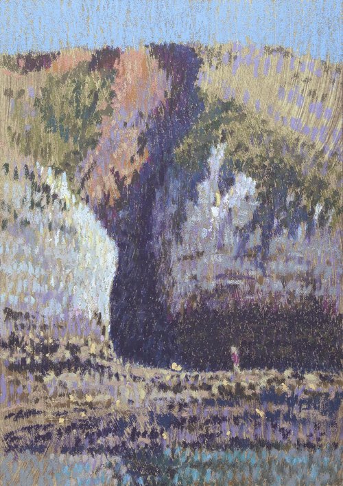Flamborough cave entrance oil pastel drawing by Mark Taylor