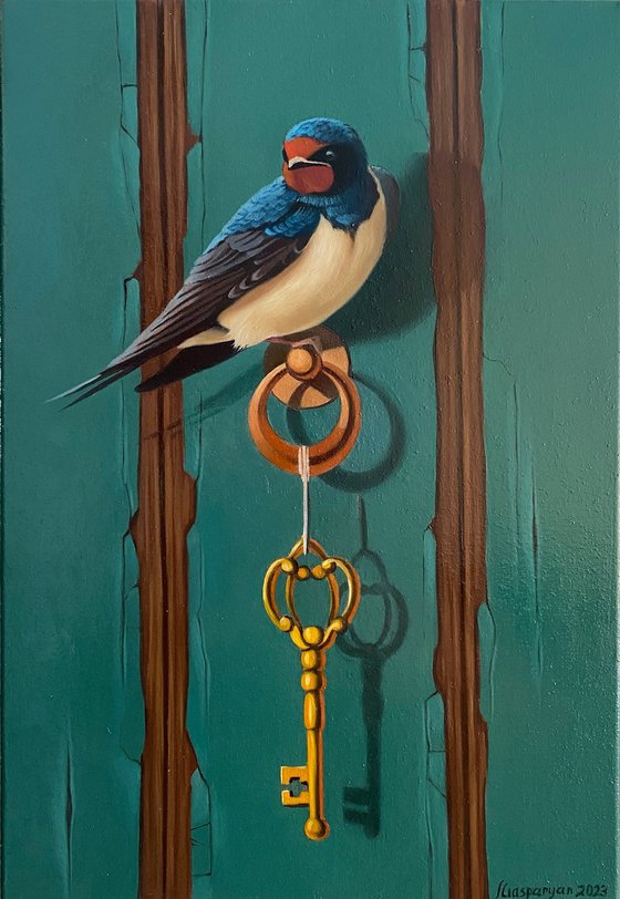 Still life with bird and key (24x35cm, oil painting, ready to hang)