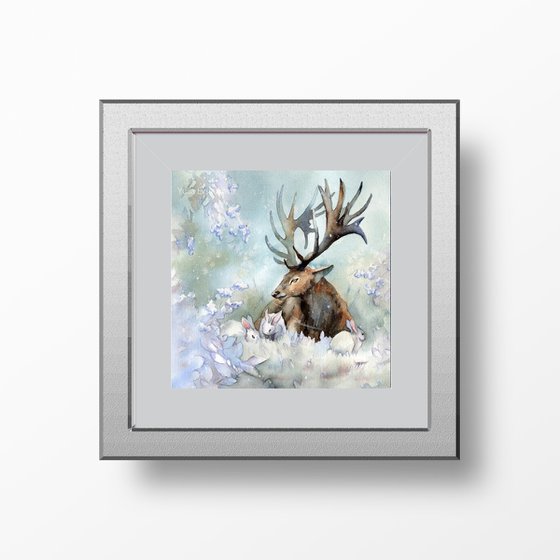 Deer and rabbits, Snow company in Christmas forest