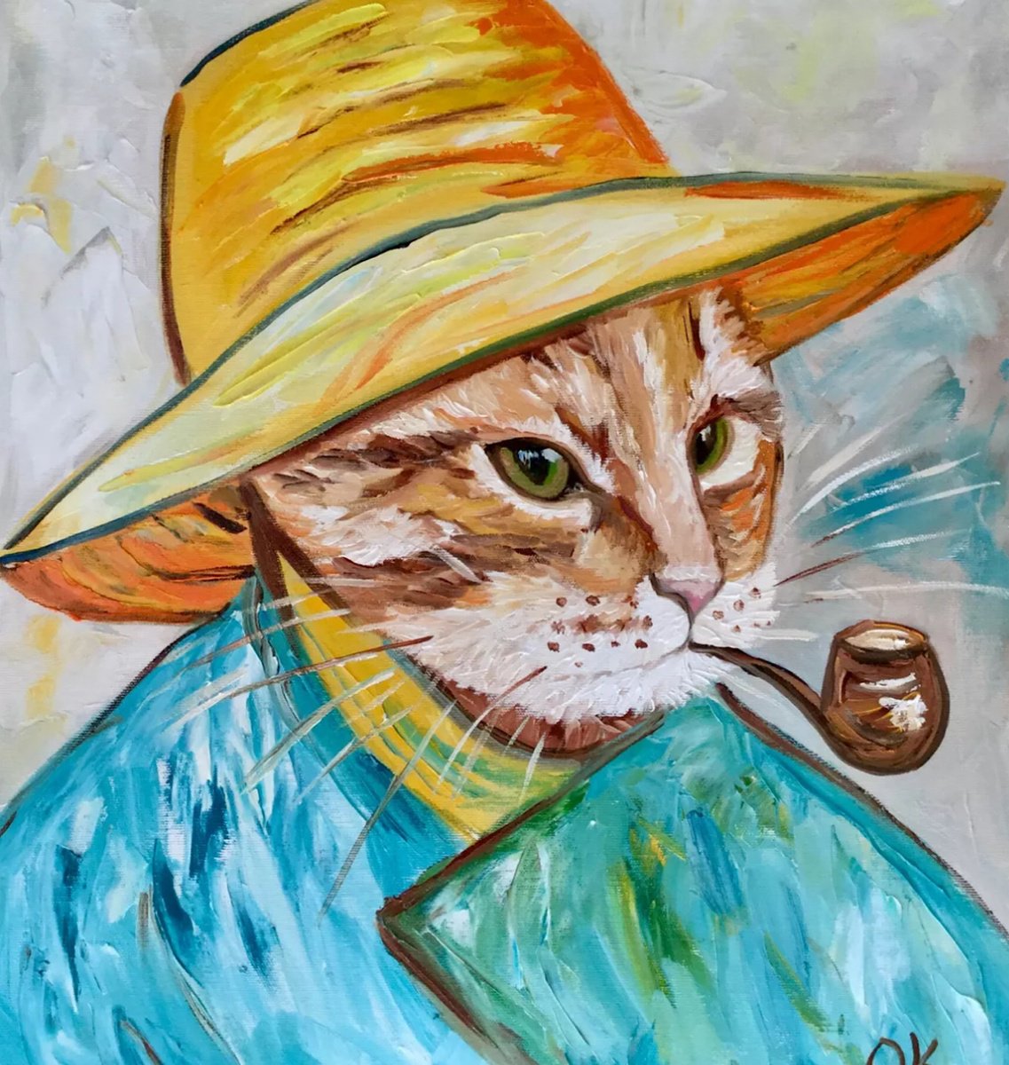 Impressionistic Animal Oil Painting By Olga Koval, 18 X 20", Cat La Vincent Van Gogh 2, Original Artwork