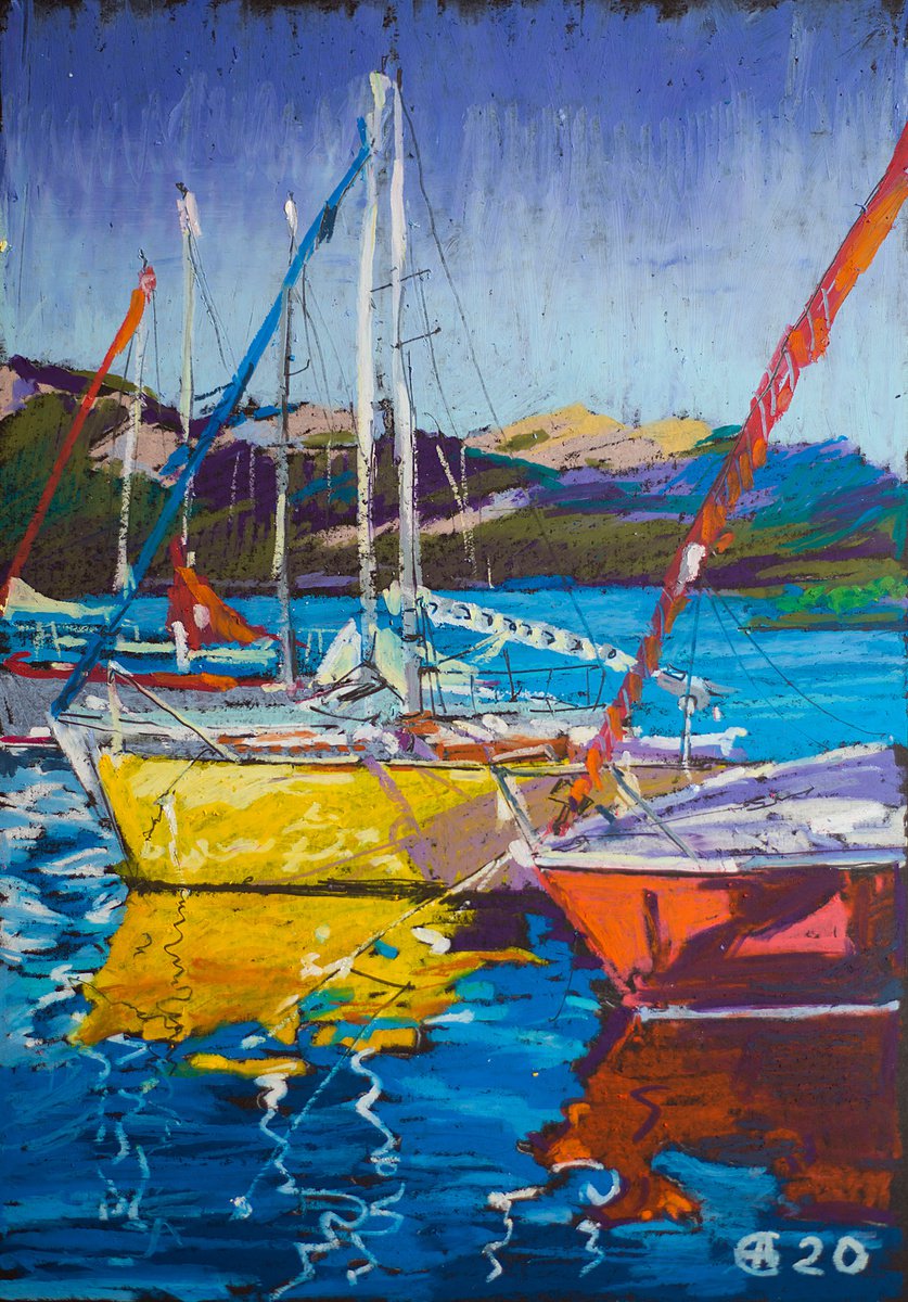 Yellow boat in a harbor. Oil pastel painting. Small painting original yellow red boats sea... by Sasha Romm