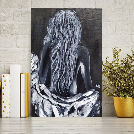 In his shirt, original nude erotic black and white oil painting, Gift, bedroom art