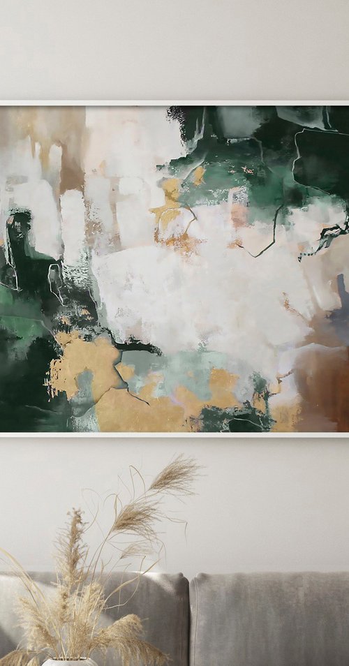 "Green Flash" Green gold brown abstract art by Yana Sagan