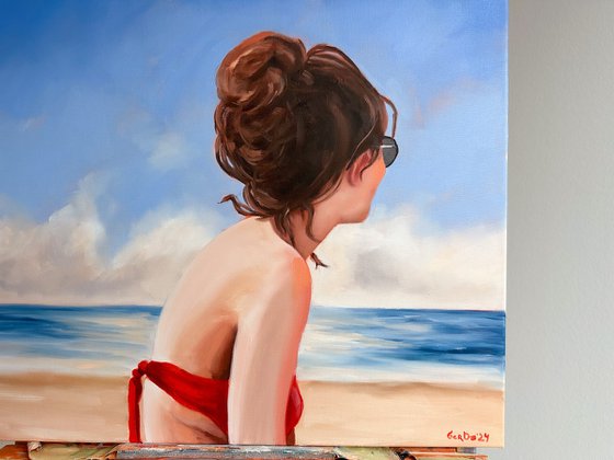 Girl in a Red Swimsuit - Woman in Sunglasses on the Beach Painting