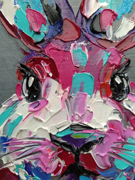Pink rabbit - oil painting, bunny, rabbit oil painting, small painting, postcard size, animals, animal oil painting