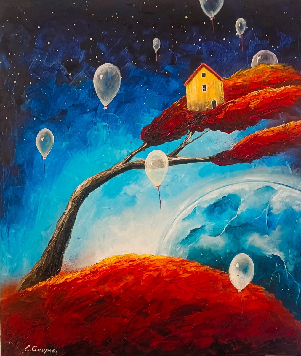 Surrealistic Landscape Oil Painting By Evgenia Smirnova, 24 X 28, Floating Dreams, Original Artwork