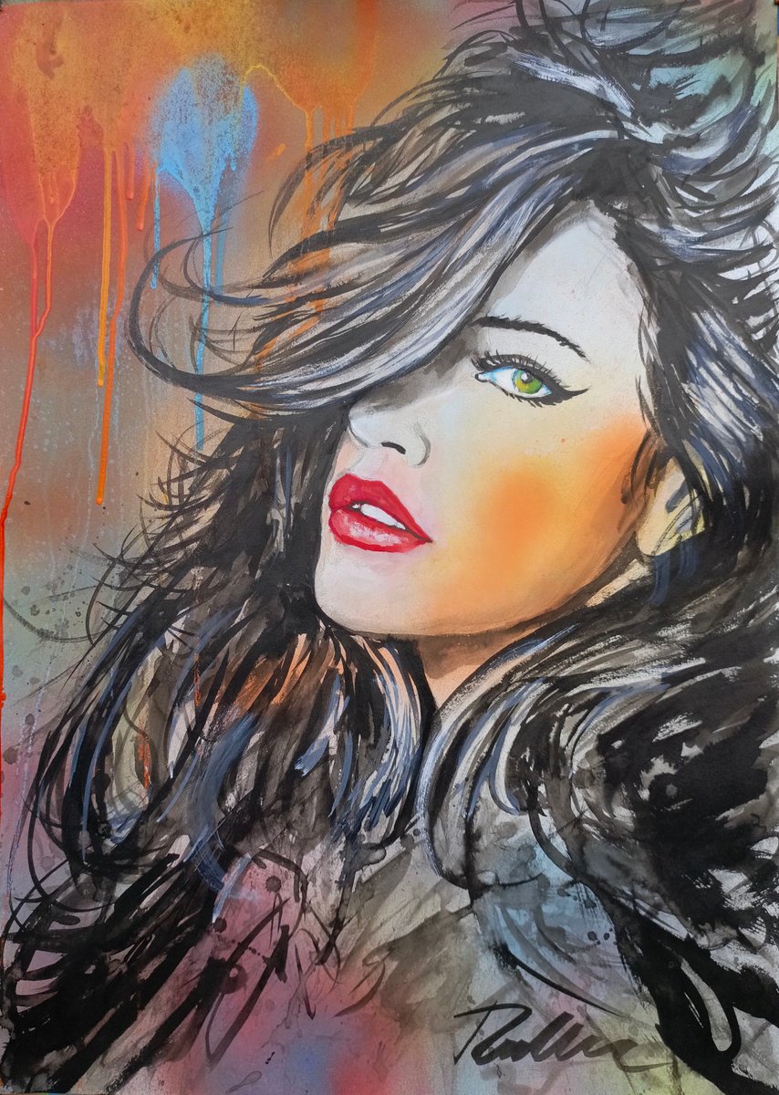 Urban And Pop Portrait Ink Drawing By Tashe, 20 X 28", The Sun, Original Artwork