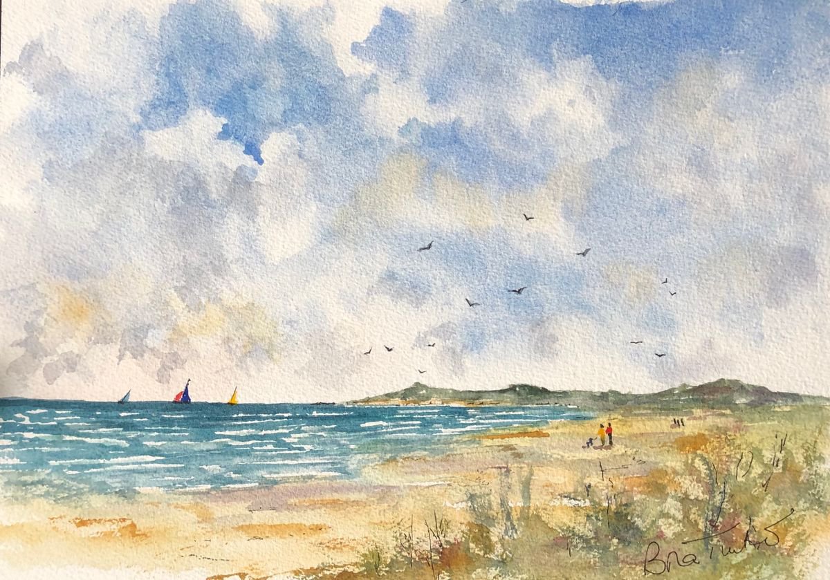 Impressionistic Landscape Watercolour By Brian Tucker, 14 X 10, Yachts Off The Coast, Original Artwork