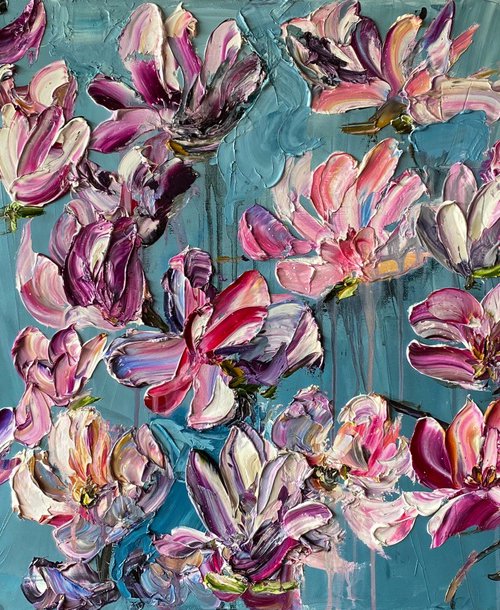 Magnolia Blossoms on Blue by Mily Art