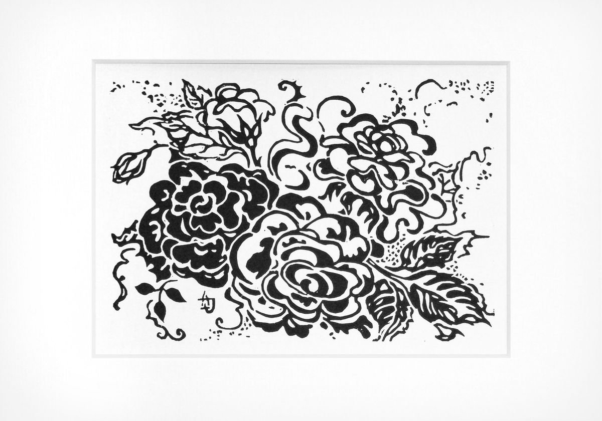Graphic Botanical Linocut By Jolanta Czarnecka, 12 X 8, Garden My Love - Roses, Original Artwork