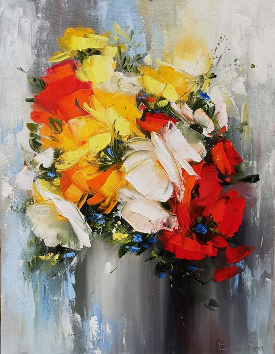 Abstract flowers in vase (50x70cm, oil painting, palette knife, ready to hang)