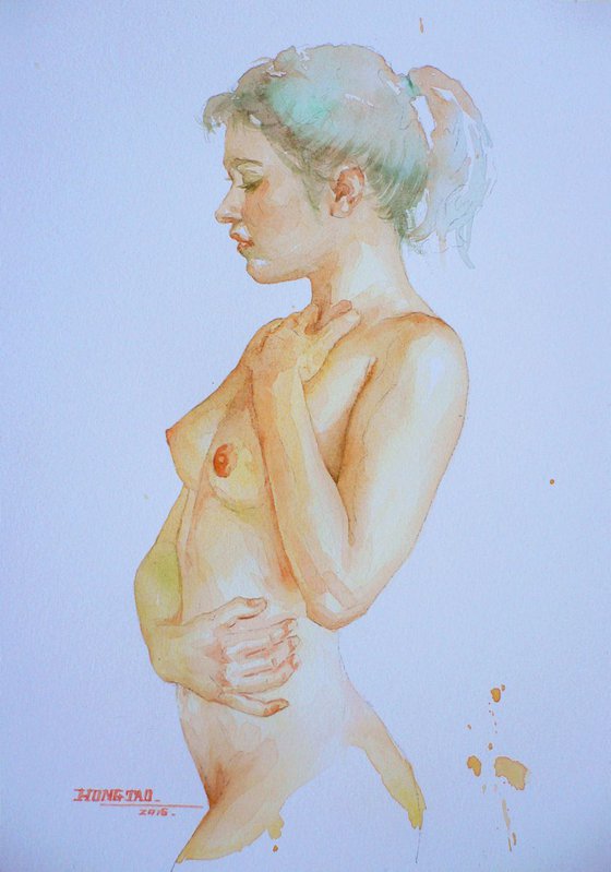 original art watercolour painting sexy nude girl  on paper #16-4-29