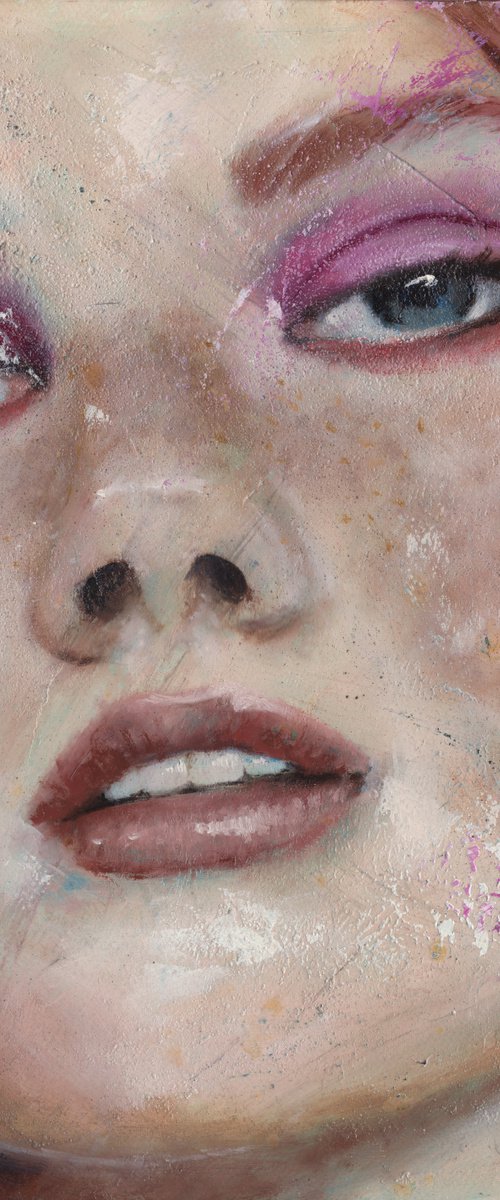 Oliva - pink lips woman female portrait blue background oil on paper by Renske Karlien Hercules