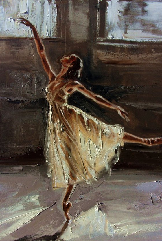 " DANCE IN THE LIGHT "- ballerina liGHt  ORIGINAL OIL PAINTING, GIFT, PALETTE KNIFE