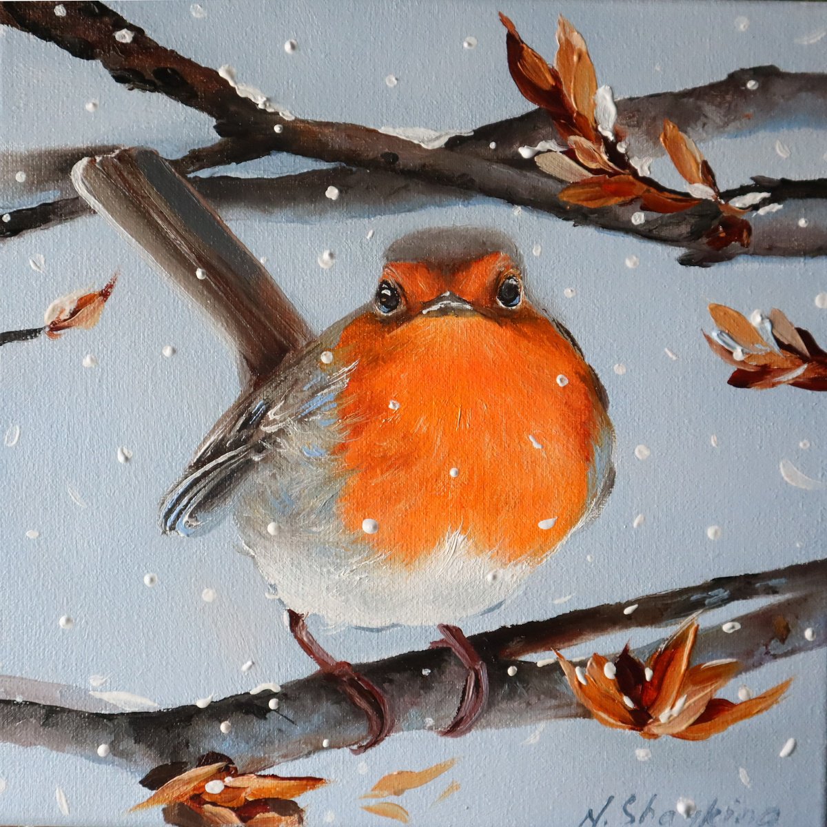 Natalia Shaykina | Original  Oil Painting | Winter Robin In Snow | 20 X 20Cm | Artwork For Sale On Artfinder