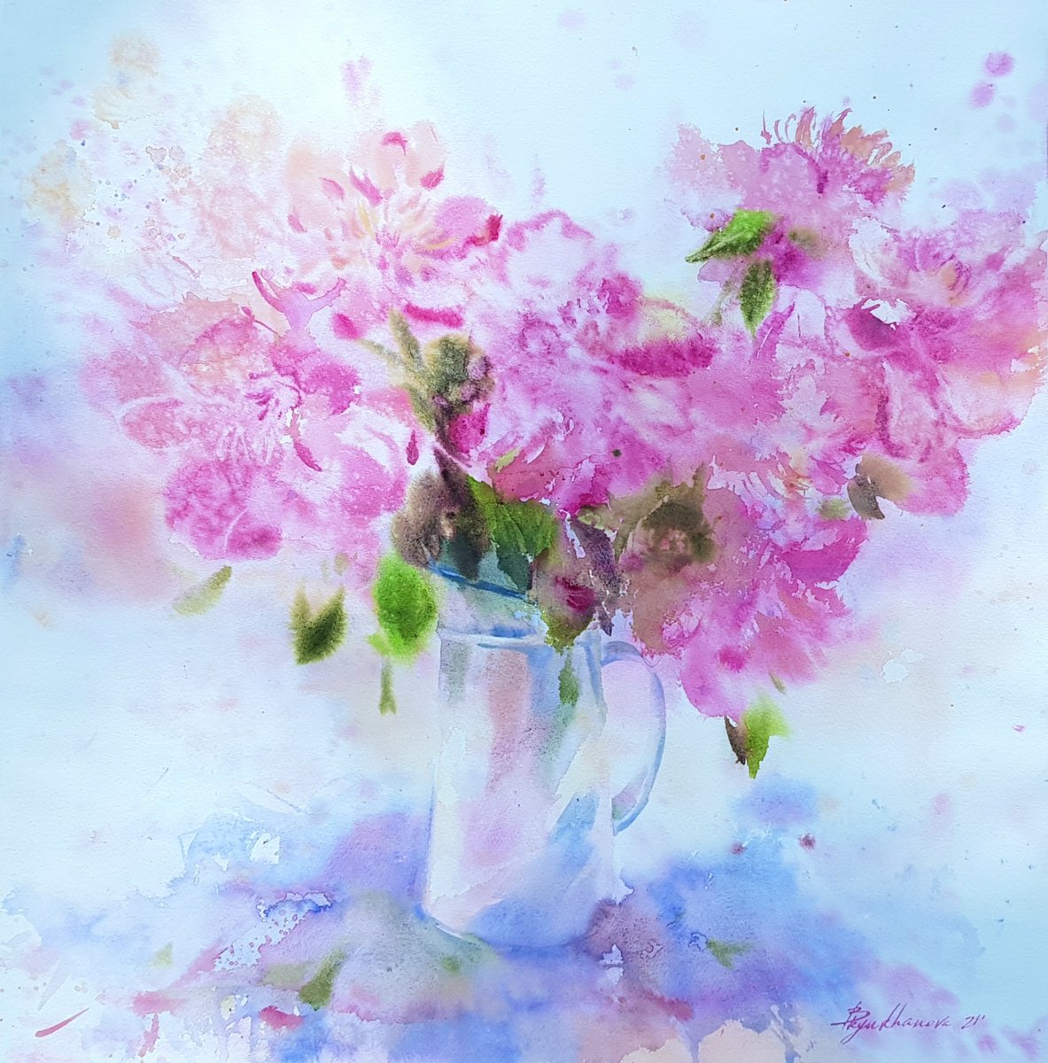 Pink peonies. Pink flowers painting. Watercolor. by Mariana Briukhanova