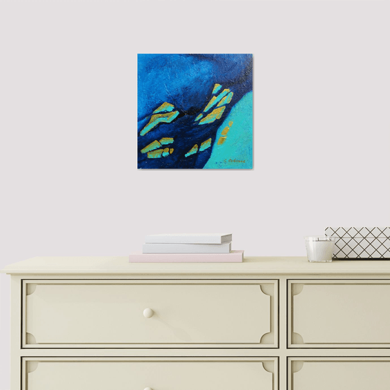 Small Blue and Gold Abstract Landscape Painting #4. 25x25cm. Small Abstract Seascape