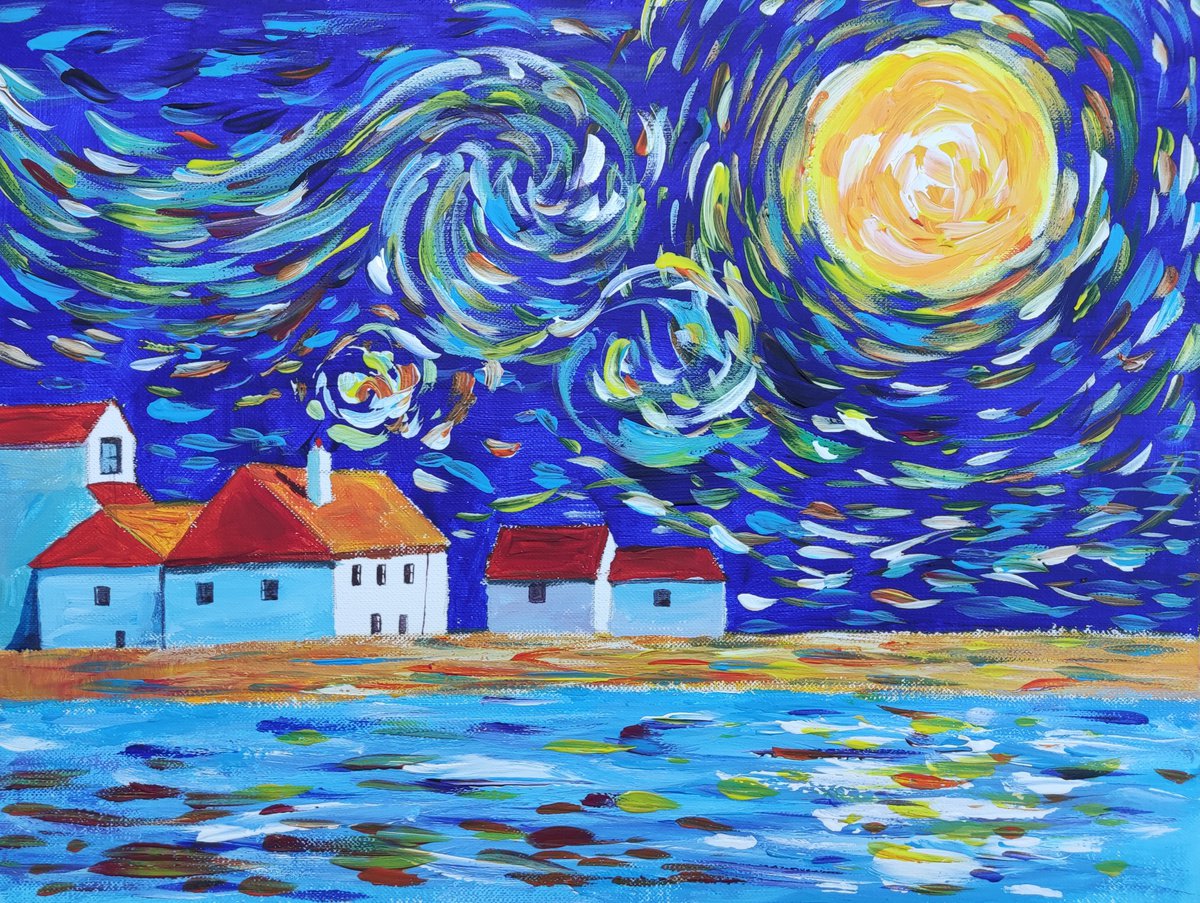 Impressionistic Landscape Acrylic Painting By Jing Chen, 13 X 9, Night 2, Original Artwork