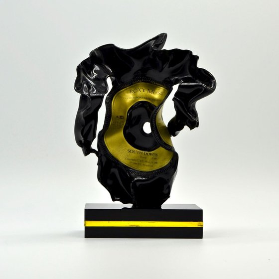 Small Standing Figurative Sculpture Gold & Black Vinyl Music Record Custom Acrylic Base