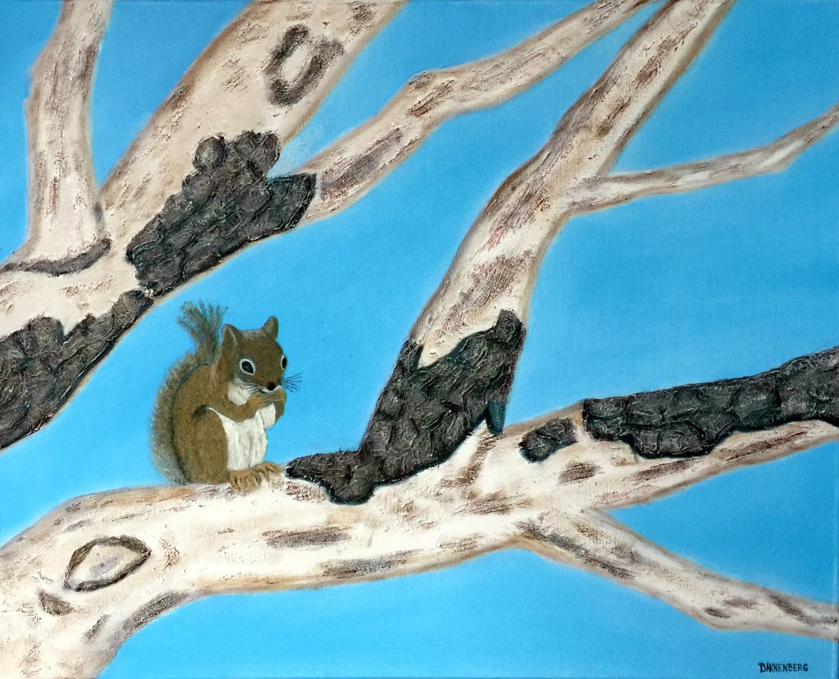 Impressionistic Animal Oil Painting By Leslie Dannenberg, 30 X 24", Squirrel On Oak Tree Branch, Original Artwork