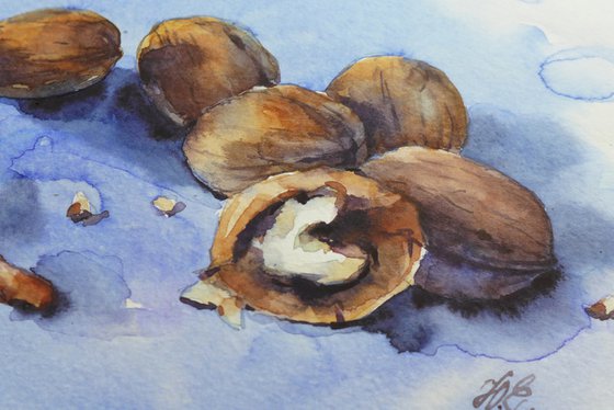 Watercolor still life of walnuts, Vegetarian art for kitchen