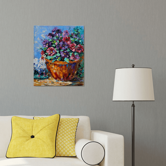 Country Life, 50*60, impressionistic oil still life garden flowers painting with impasto texture