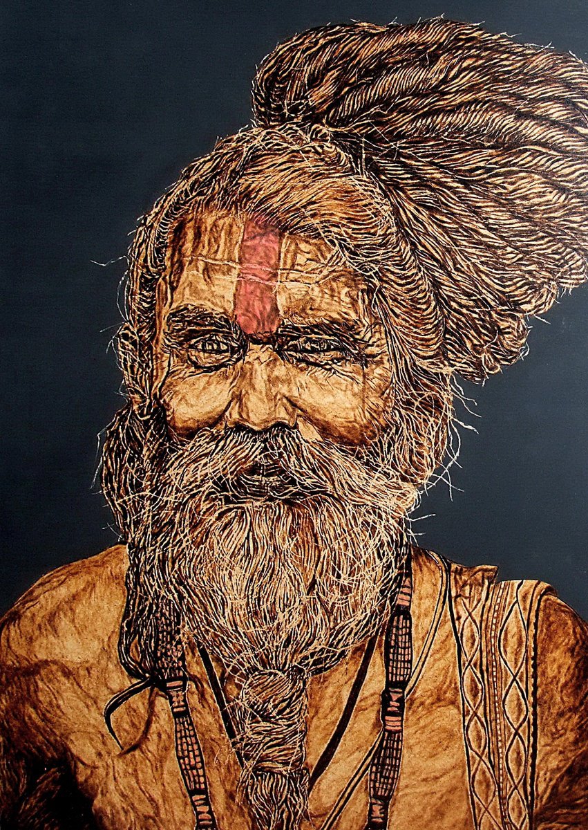 Expressive Portrait Painting By Milis Pyrography, 17 X 24", Indian Jogi ( Sadhu), Original Artwork