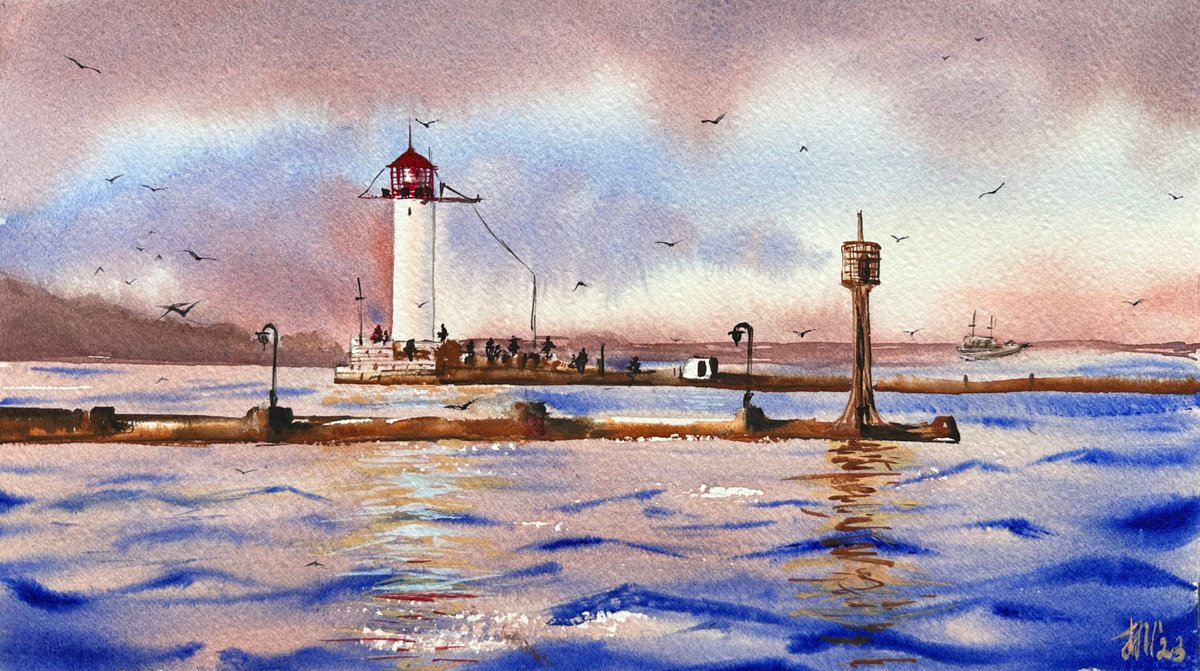 Landscape Watercolour By Yuliia Sharapova, 12 X 8", Lighthouse In Black Sea, Original Artwork