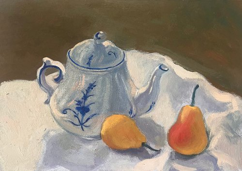 Still life with teapot and two pears by Uy Nguyen
