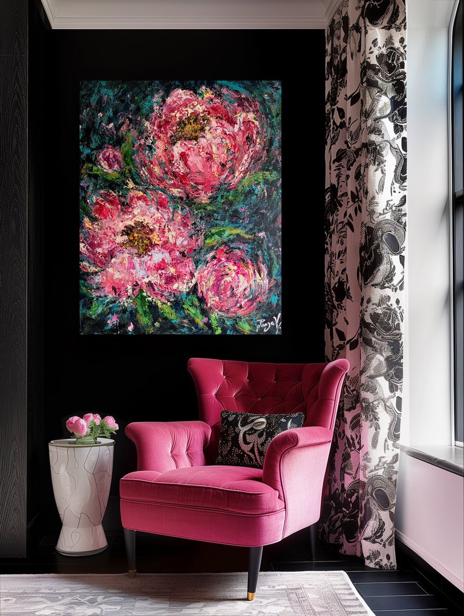 Impressionistic Abstract Oil Painting By Pooja Verma, 31 X 39", Born To Bloom Bright - Peonies, Original Artwork
