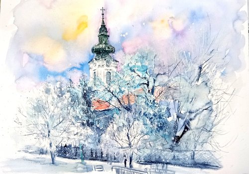 Serbian church at snowfall II by Kovács Anna Brigitta