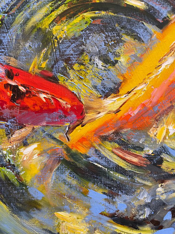 Koi Fish Pond with a Little Turtle by Diana Malivani (2021) : Painting Oil  on Canvas - SINGULART