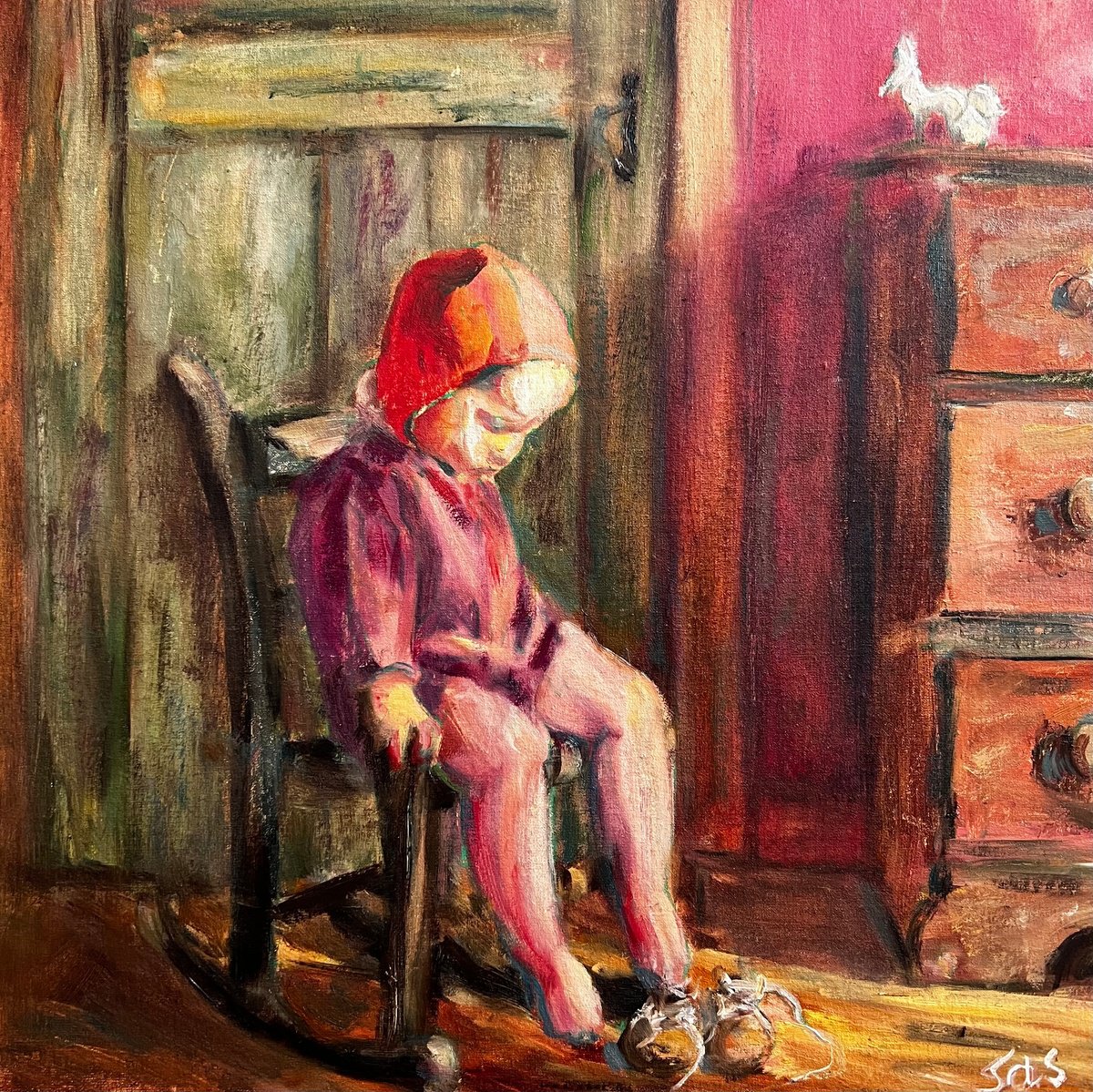 Impressionistic Portrait Oil Painting By Liubou Sas, 18 X 18", Something About Childhood 2, Original Artwork