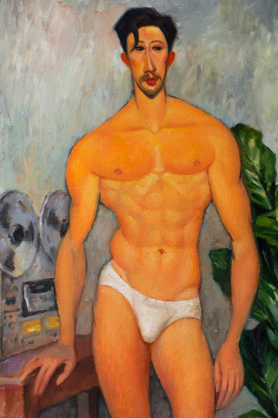 RETRO BOY by Yaroslav Sobol - (Inspired by Amedeo Modigliani Modern Impressionistic Figurative Oil painting of a Man Gift Home Decor)