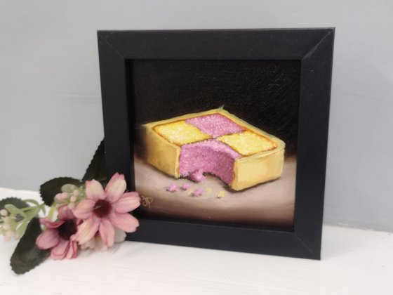 Little Battenberg cake slice still life