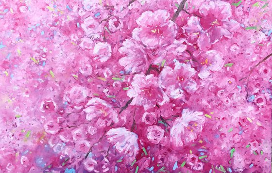 Large abstract flower paintings on canvas, pink blossom artwork, Sakura painting