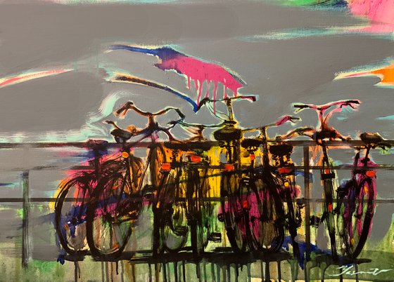 Big painting - "Amsterdam" - Girl - Bikes - Bicycle - Diptych - Pop Art - Urban