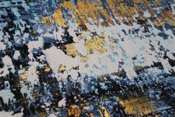 SNOWSTORM * 180 x 70 cms * ACRYLIC PAINTING ON CANVAS * WHITE * BLUE * GOLD