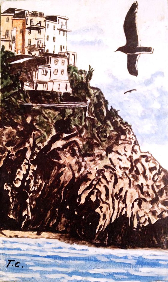 Manarola and its sea- original oil painting- 27 x 45 cm ( 10 x 18 inches)