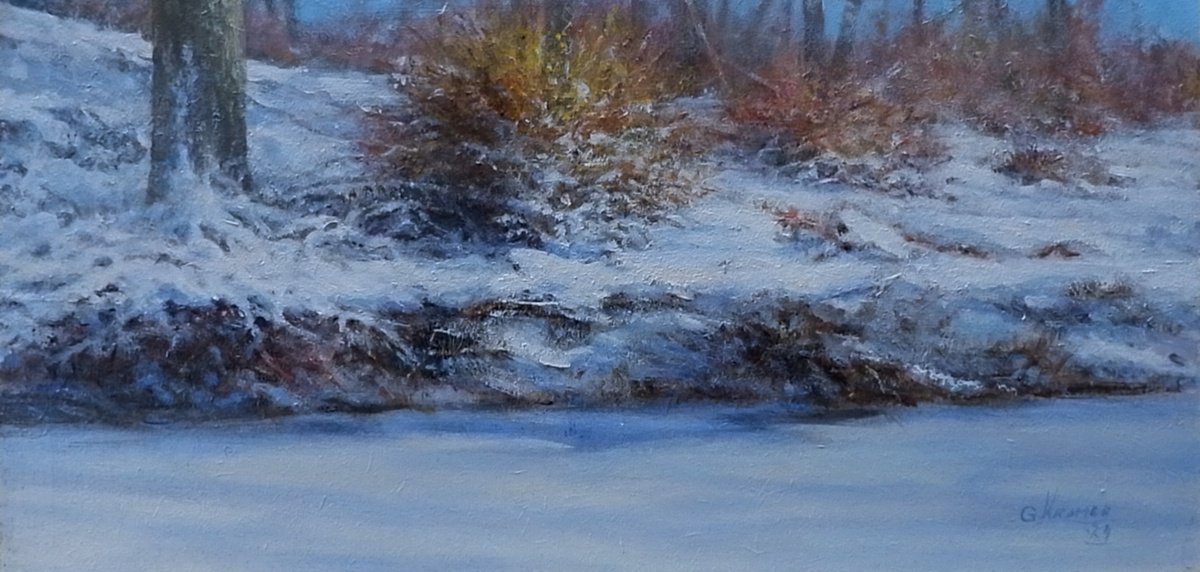 Impressionistic Landscape Acrylic Painting By Gerard Kramer, 16 X 8, A Sunny Winters Day, Original Artwork