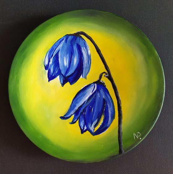 Blue flowers, original floral oil painting on wooden plate, small gift idea